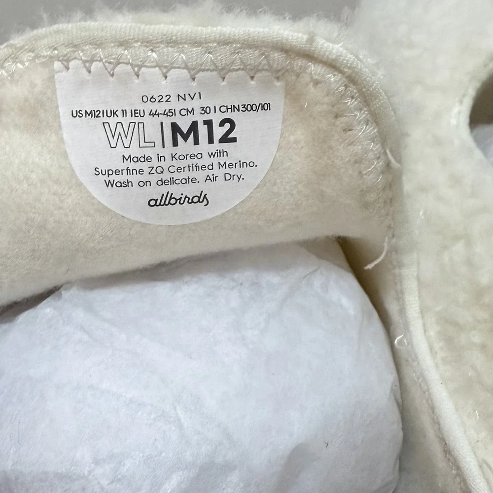 Allbirds Wool Lounger Fluff Slip On Loafer Mens‎ Size 12 Natural White Cozy NEW